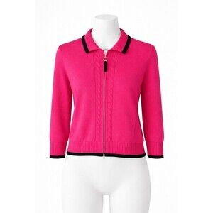 ST JOHN Pink Santana Knit Cardigan Jacket, Black Trim, Size Large, Pockets